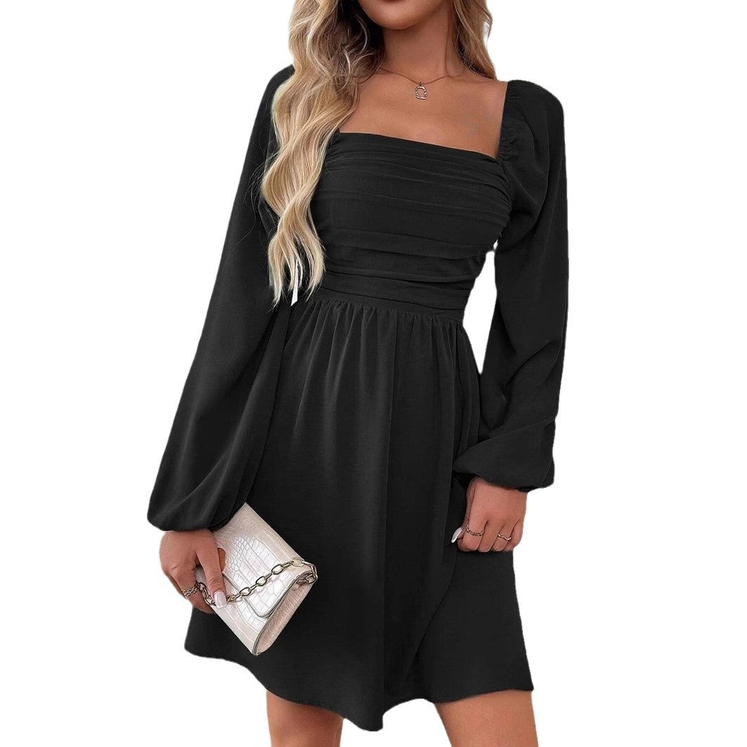 Women's Elegant Solid Color Lantern Long Sleeve Pleated High Waist Dress