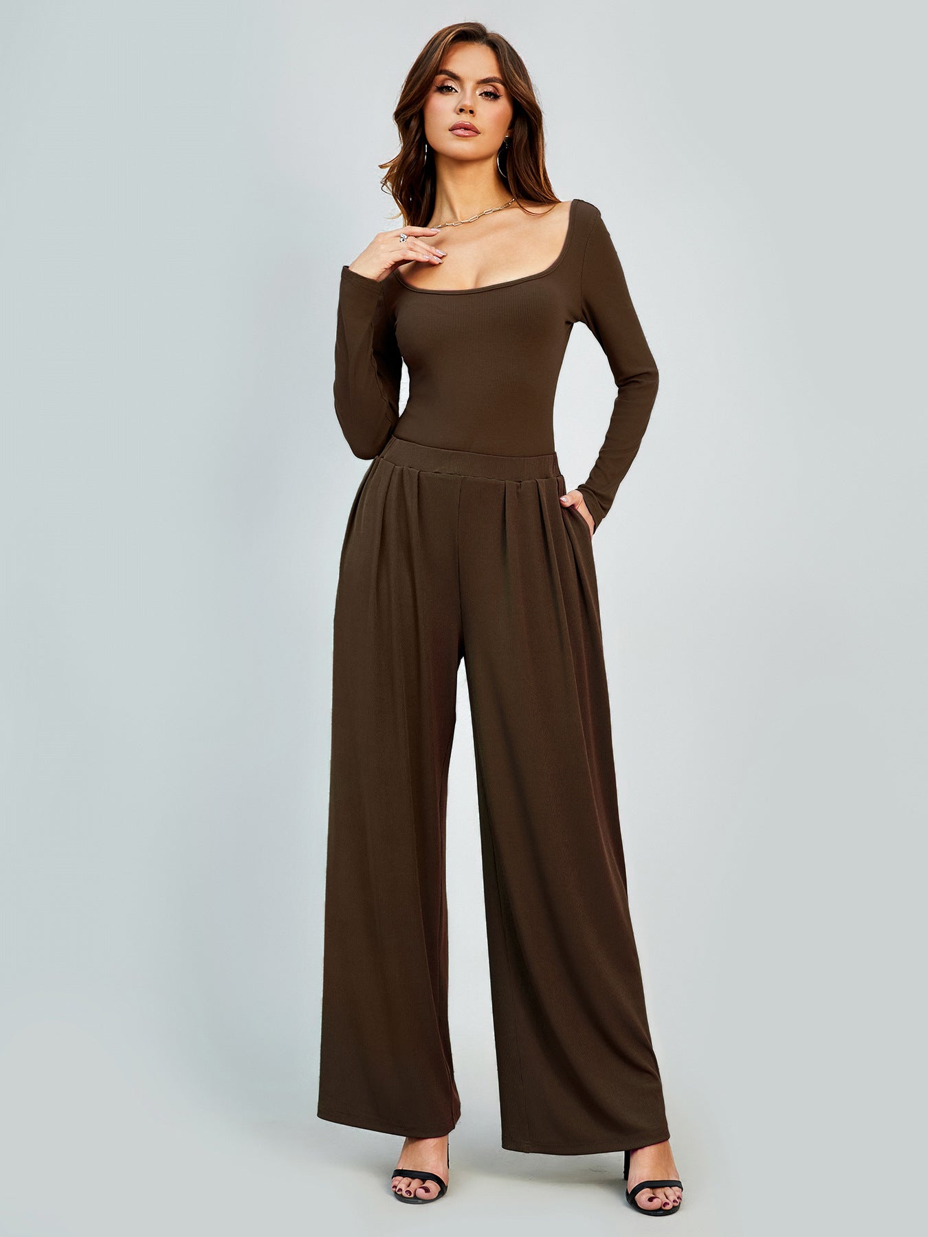 Pure Color Casual Straight-Leg Pants Women Drape Wide Leg