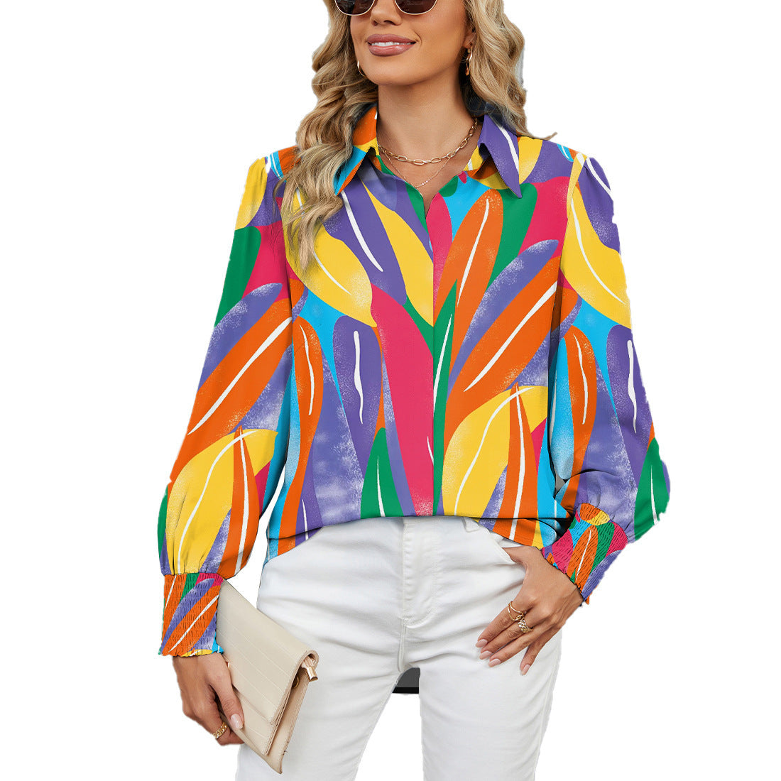 Women's autumn and winter new long-sleeved printed top lapel lantern sleeve shirt