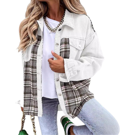 Autumn and winter Denim jacket long sleeve plaid button shirt jacket top