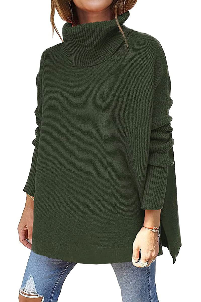 Turtleneck sweater mid-length batwing sleeve hem waist pullover sweater needle woven women