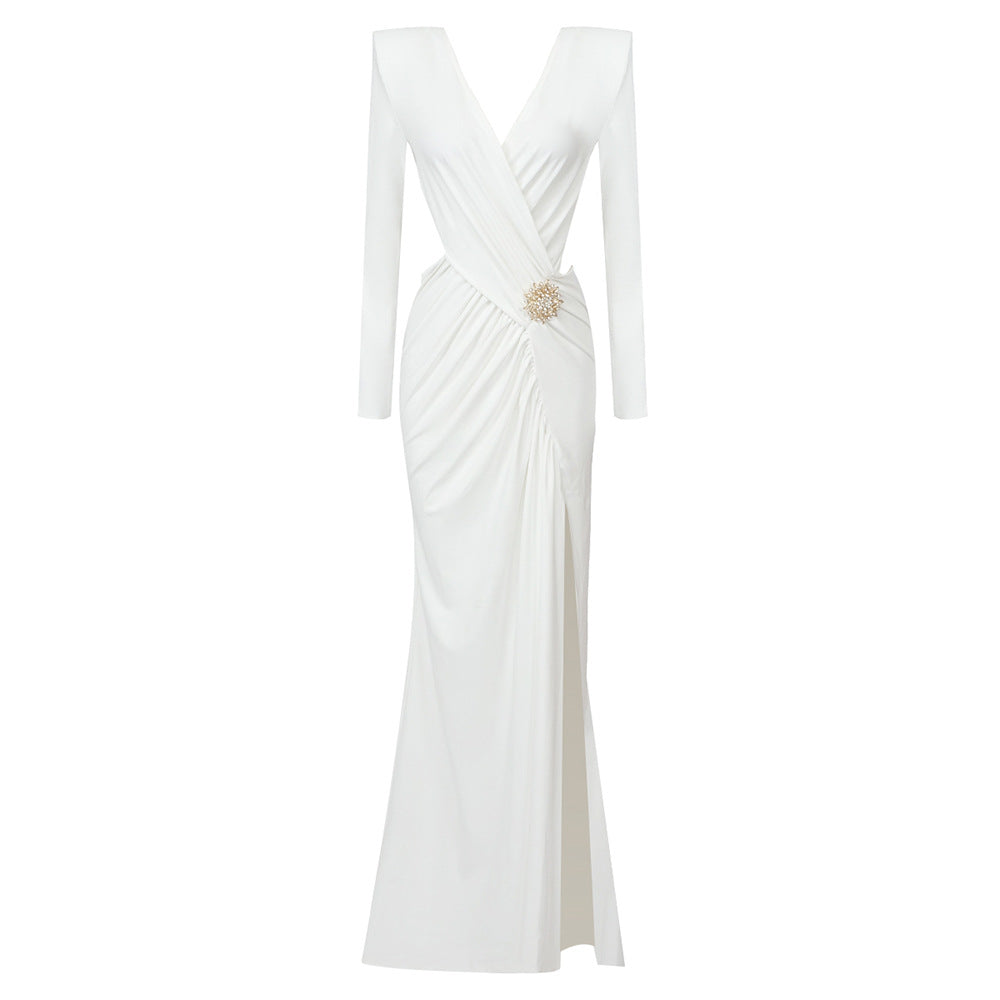 Pleating hollow out cross dress V-neck long sleeve white dress