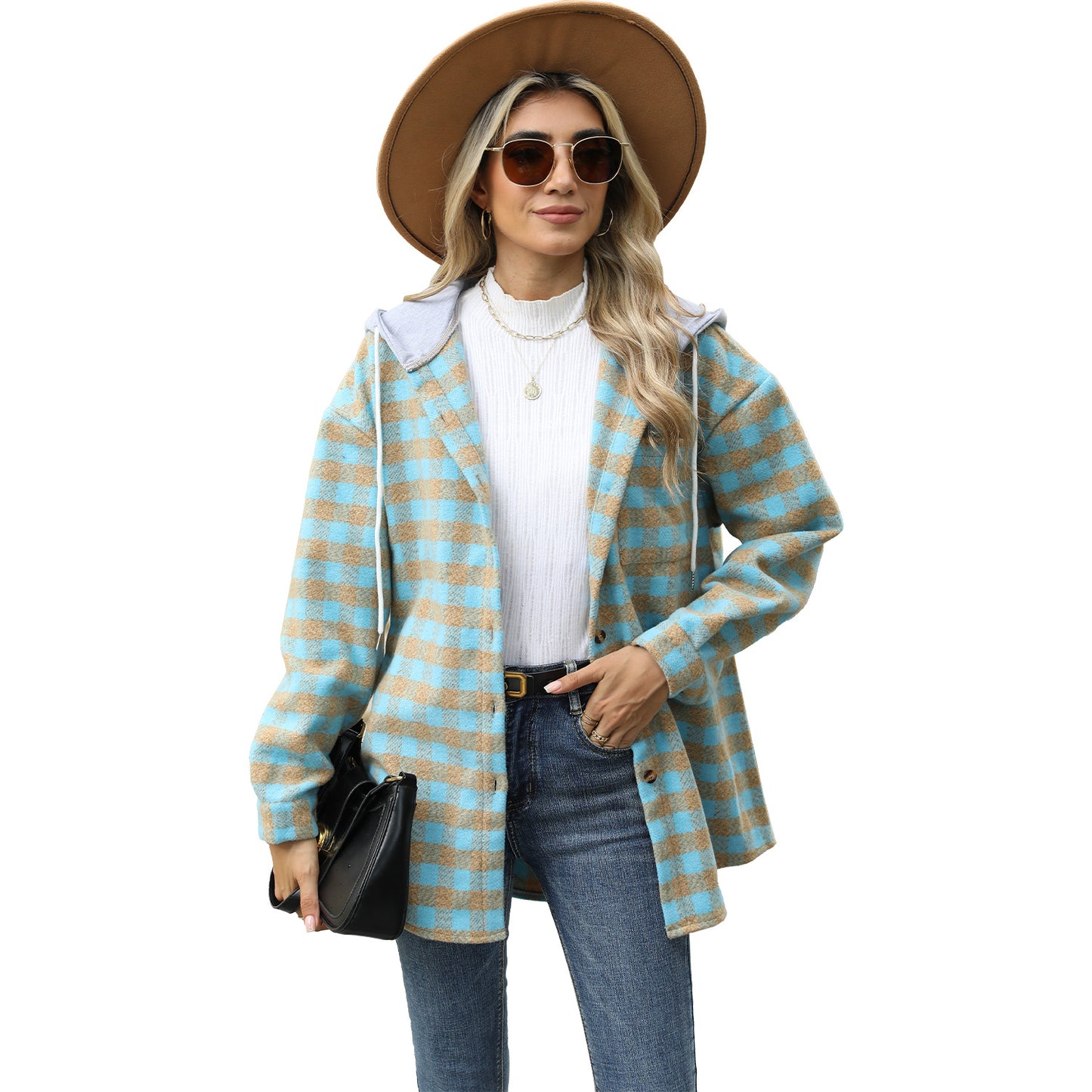 Autumn and Winter new women's hooded Plaid stitching top single-breasted woolen coat