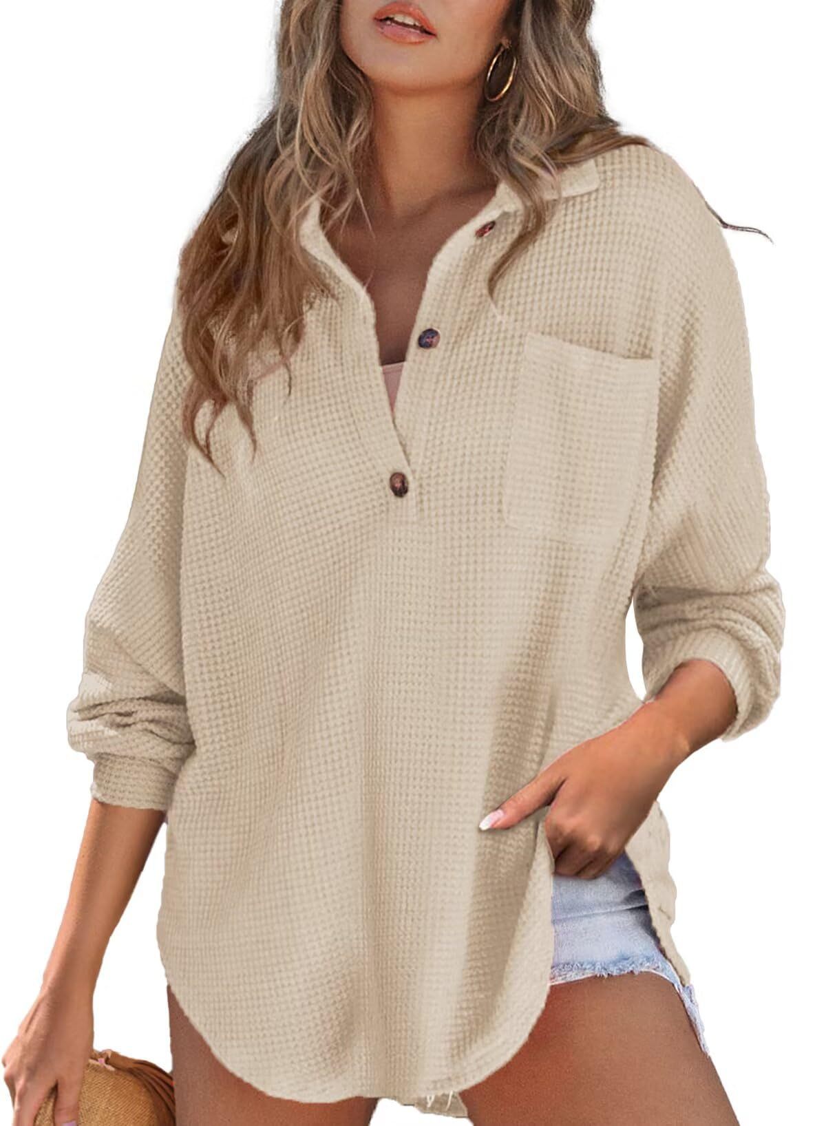 Autumn and Winter waffle knitted top polo Women's top long sleeve T-shirt