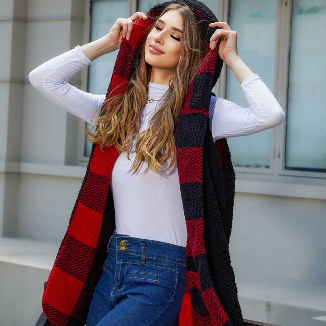 Fall women's clothing loose fashion hooded buckle-free cardigan Plaid plush vest coat for women