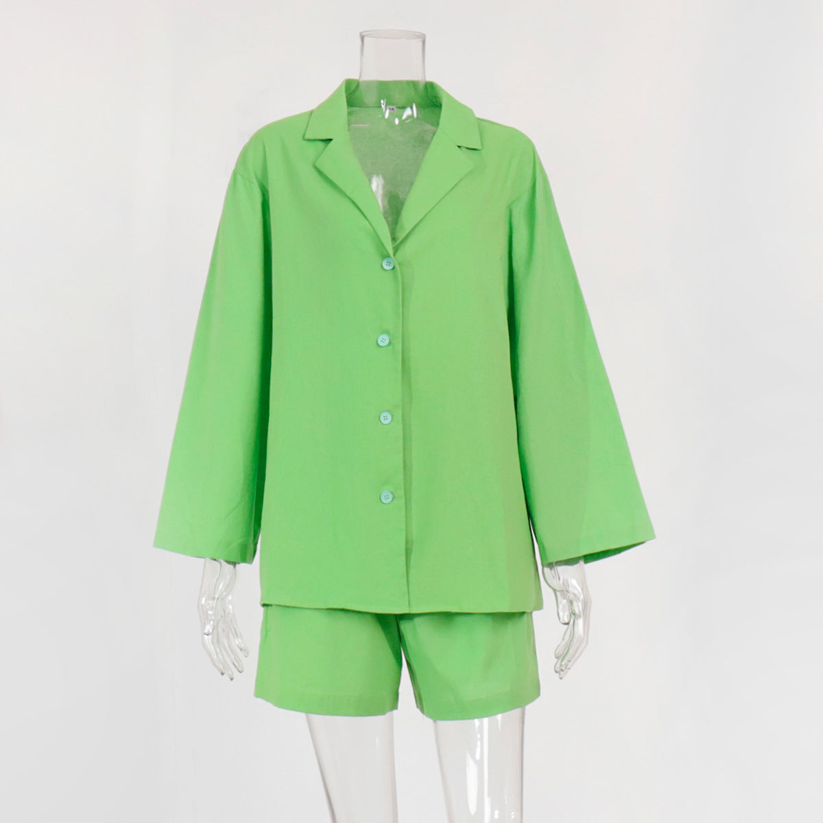 Cotton shorts suit women's lapel loose single-breasted Shirt high waist straight pants two-piece set