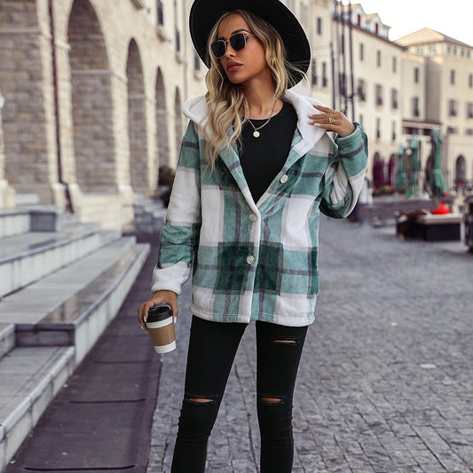 Autumn winter women's wear hooded long sleeve plaid mid-length loose gold mink velvet coat