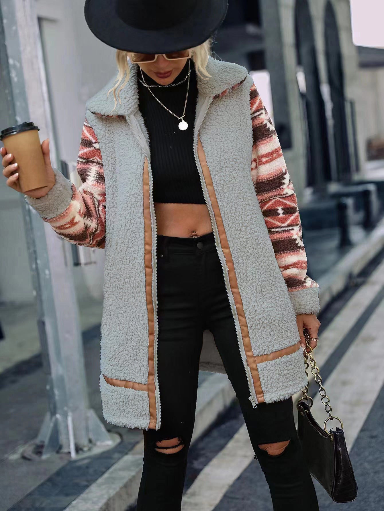 Women's cardigan particle color matching printing lapel long stitching zipper plush coat