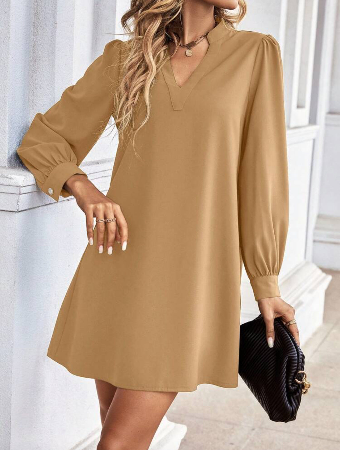 Solid color and V-neck loose long sleeve shirt dress