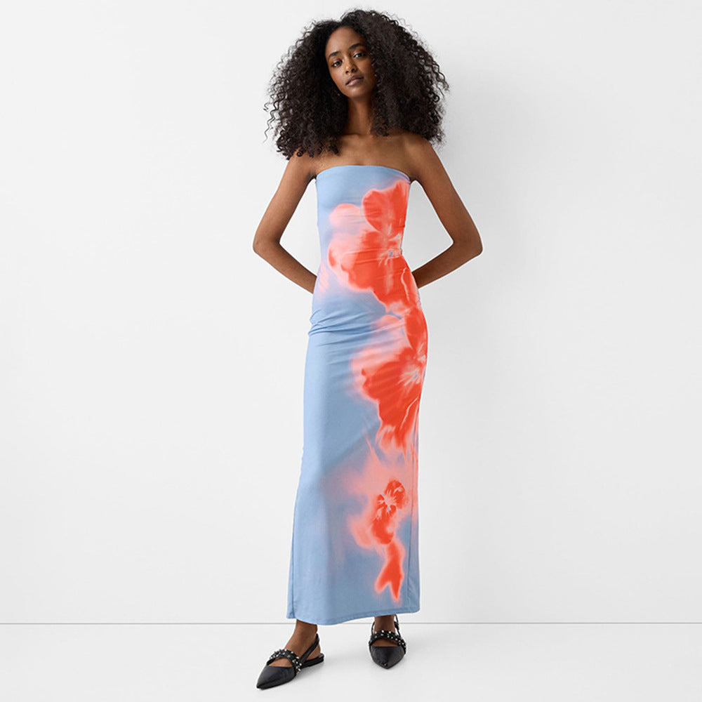 Sexy tube top printed sheath split dress women's seaside