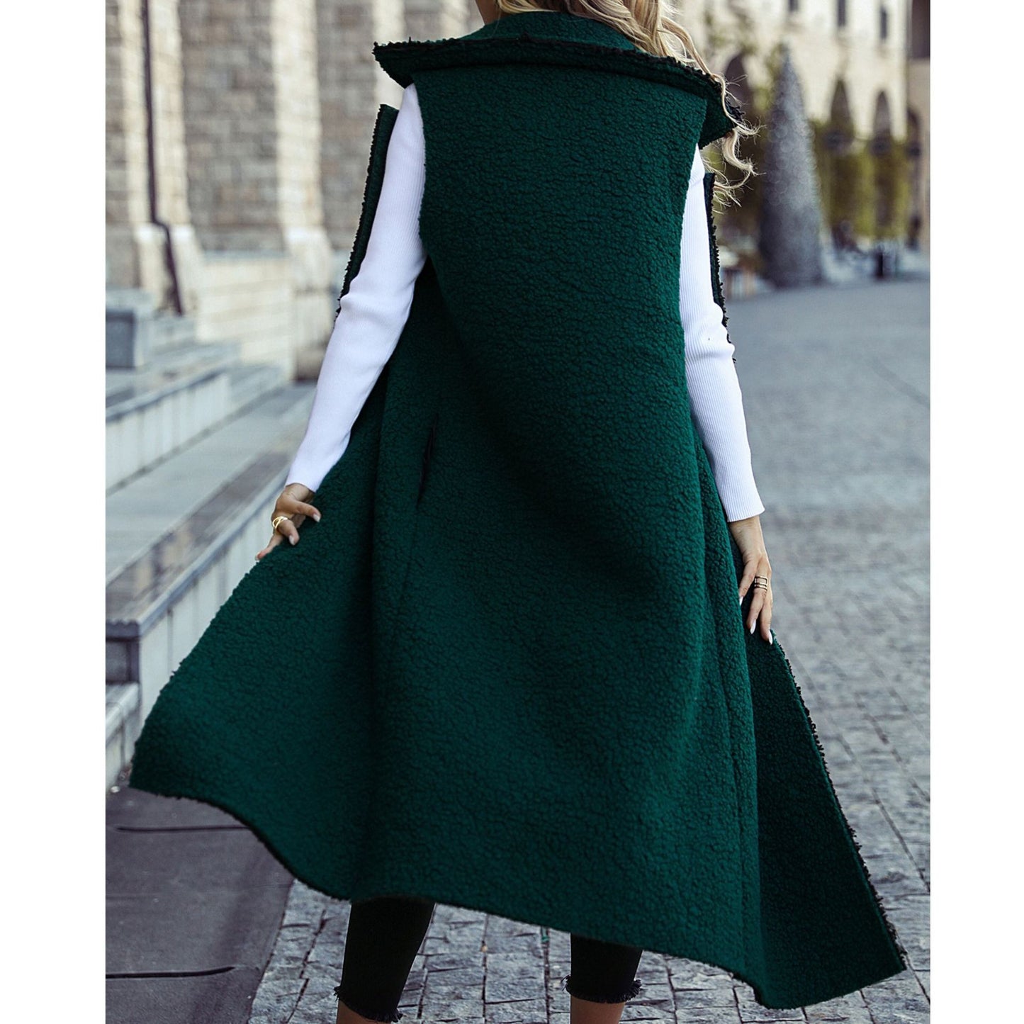 Fall Winter Coat Overcoat women's sleeveless extended loose composite color matching plush casual