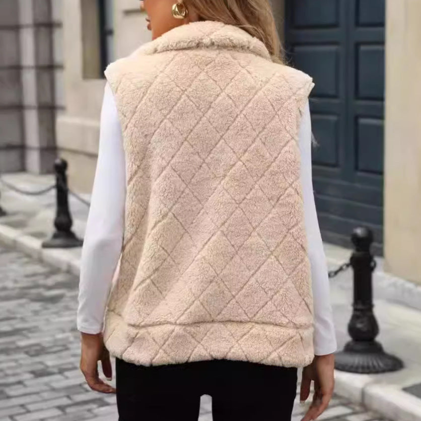Women's clothing autumn and winter cardigan loose zip diamond lattice coat plush vest（2025）