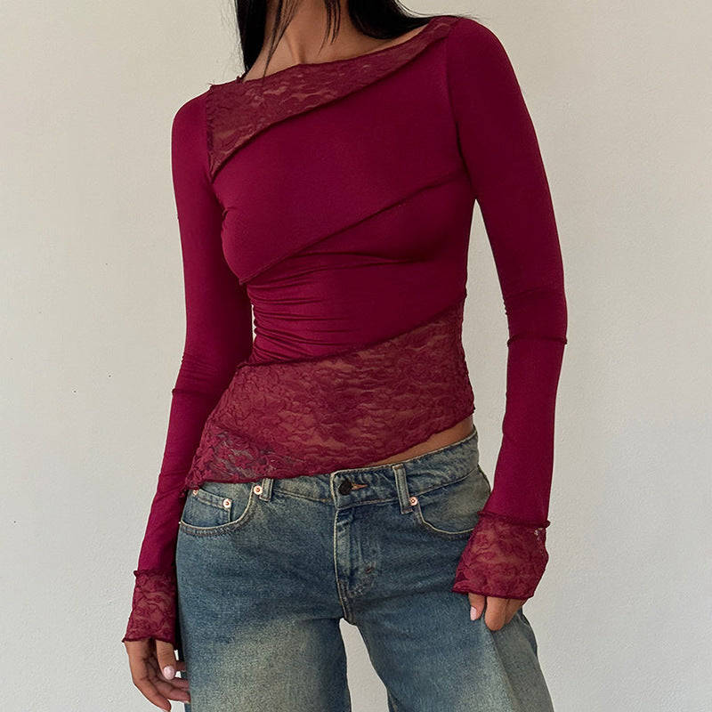 Spring and Autumn New patchwork top Sexy Slim-fit crocheted long sleeve round neck T-shirt