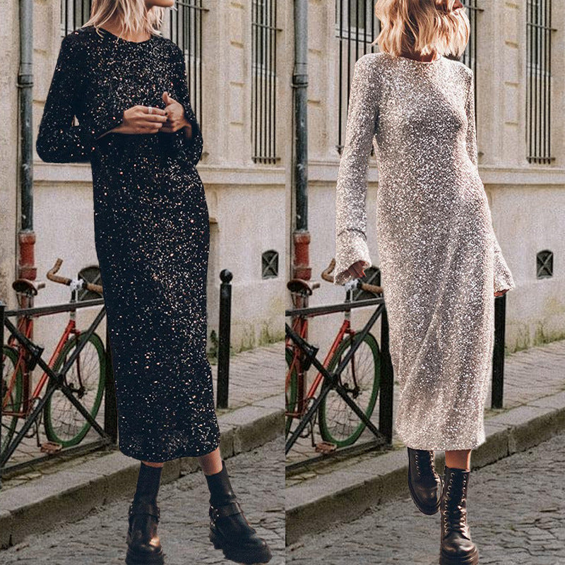 New simple bead piece street style fashion long-sleeved dress