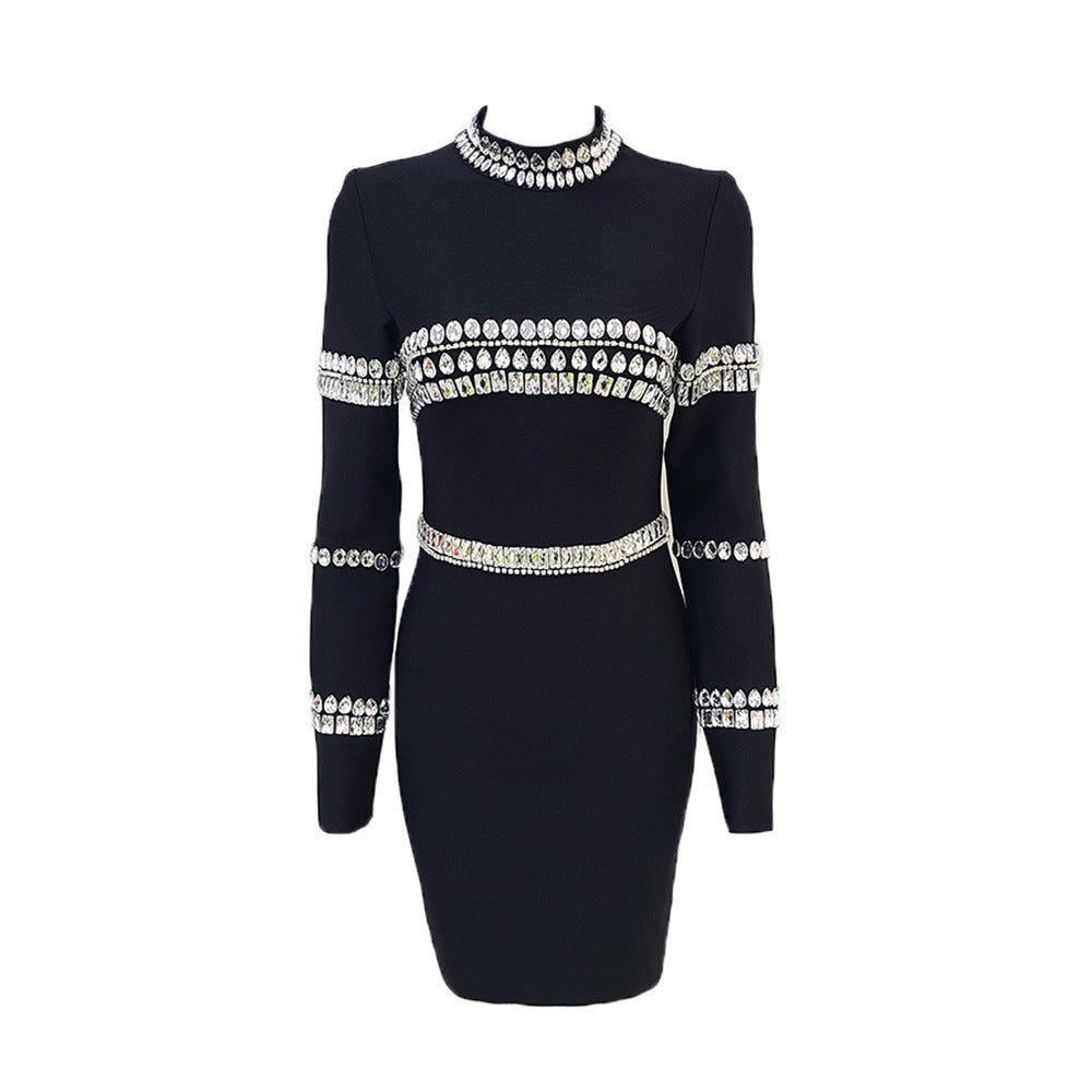 Black Long Sleeve Stand Collar Sewed Diamond Stretch Bandage Dress