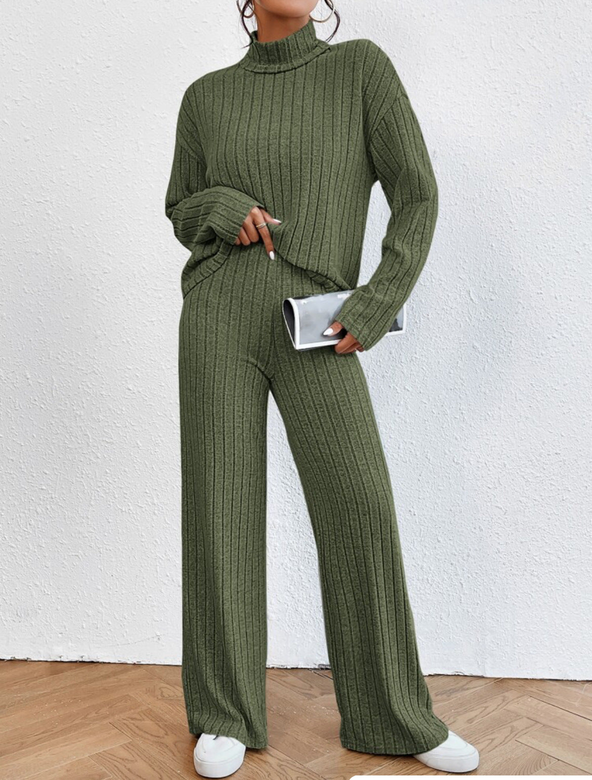 Autumn and Winter solid color turtleneck long sleeve sunken stripe loose wide leg pants home wear two-piece suit