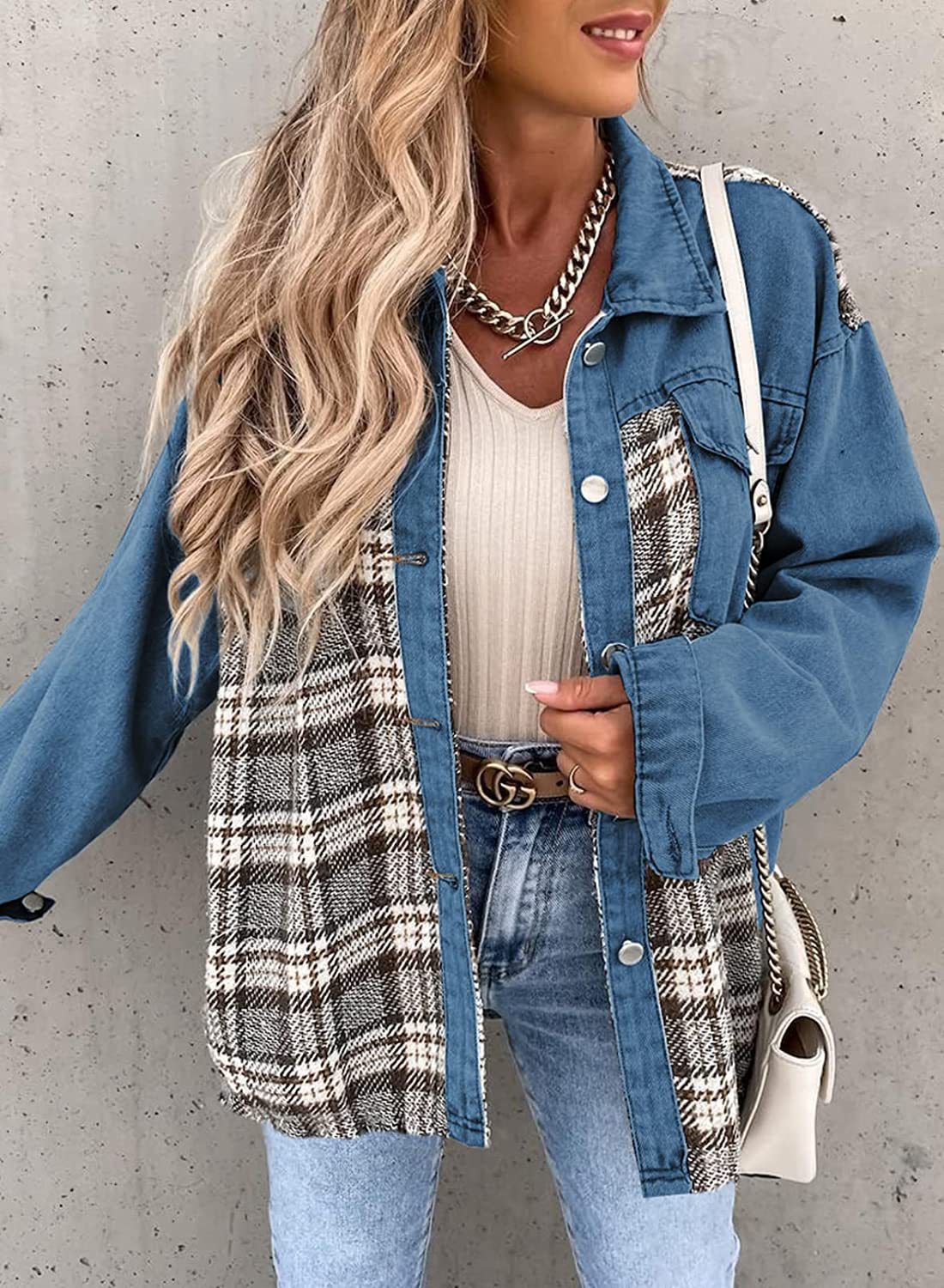 Fall Winter cowboy jacket long sleeve plaid button-down shirt patchwork top coat