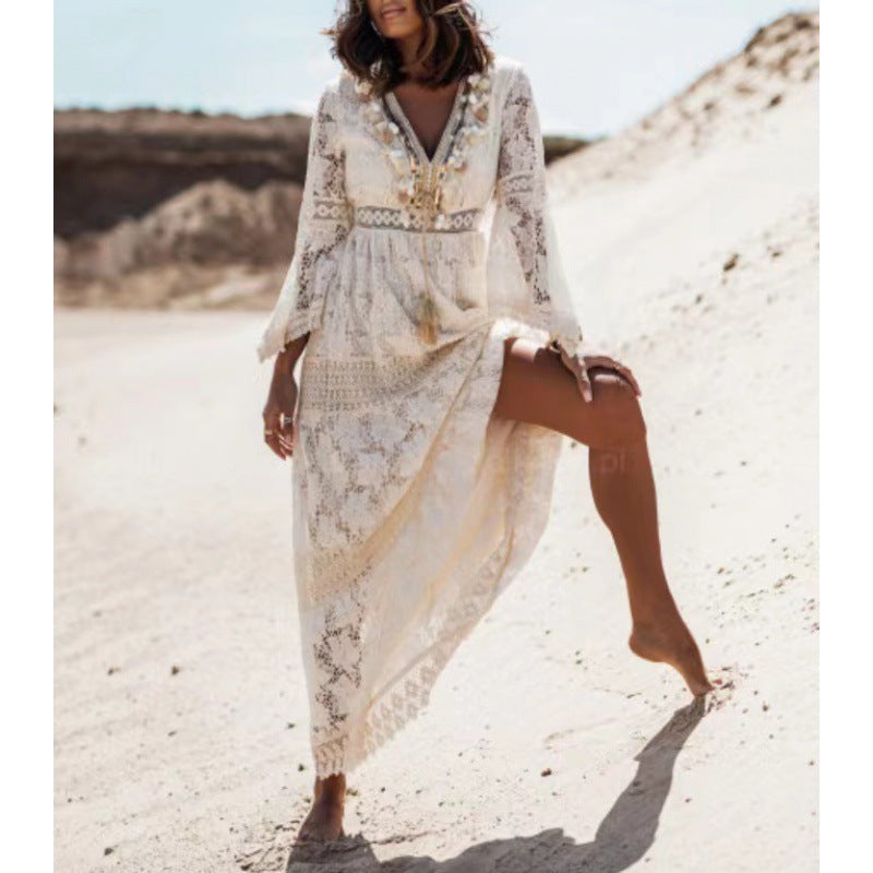 Tassel Lace Splicing Dress Casual Bohemian Vintage Long Dress