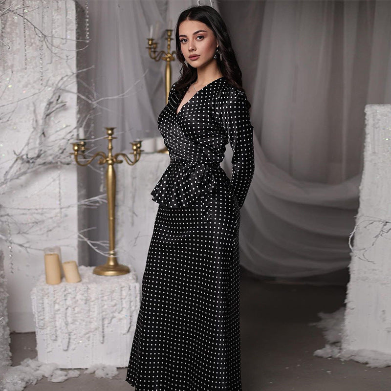 Spring new V-neck small fresh printing high waist long dress hip-wrapped dress