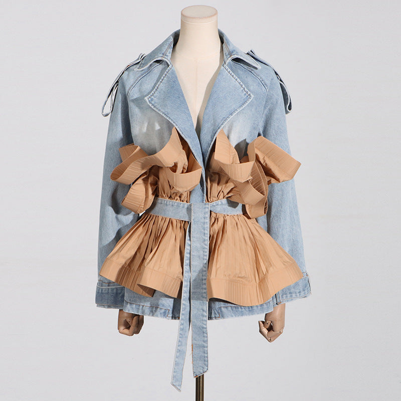 Autumn 2024 New Style Personalized Trendy Design Lapel Contrast Color Ruffled Fold Lace-up Women's Denim Jacket