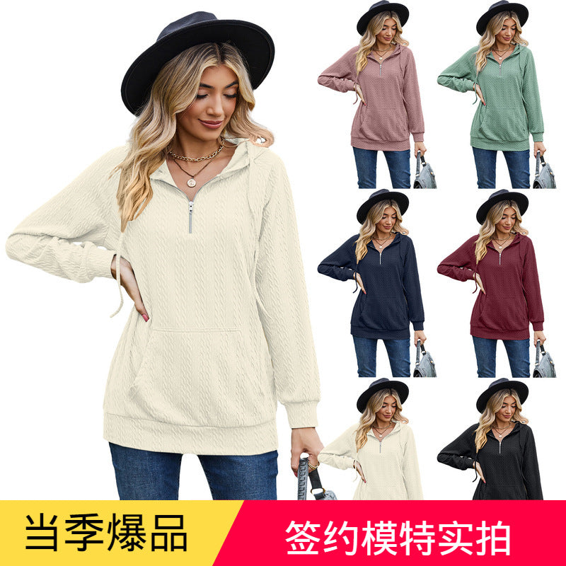 Autumn and Winter solid color hooded zipper loose long sleeve sweatershirt women