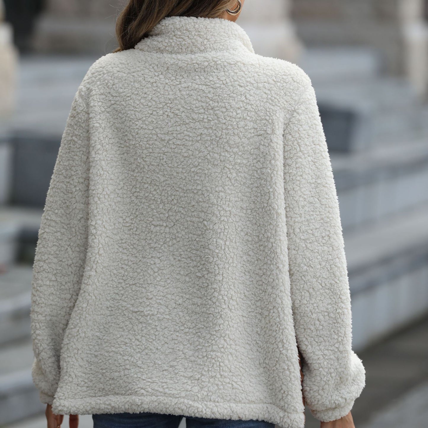 Casual plush women's long-sleeved loose round neck stitching zipper animal pattern double-sided fleece jacket（2025）