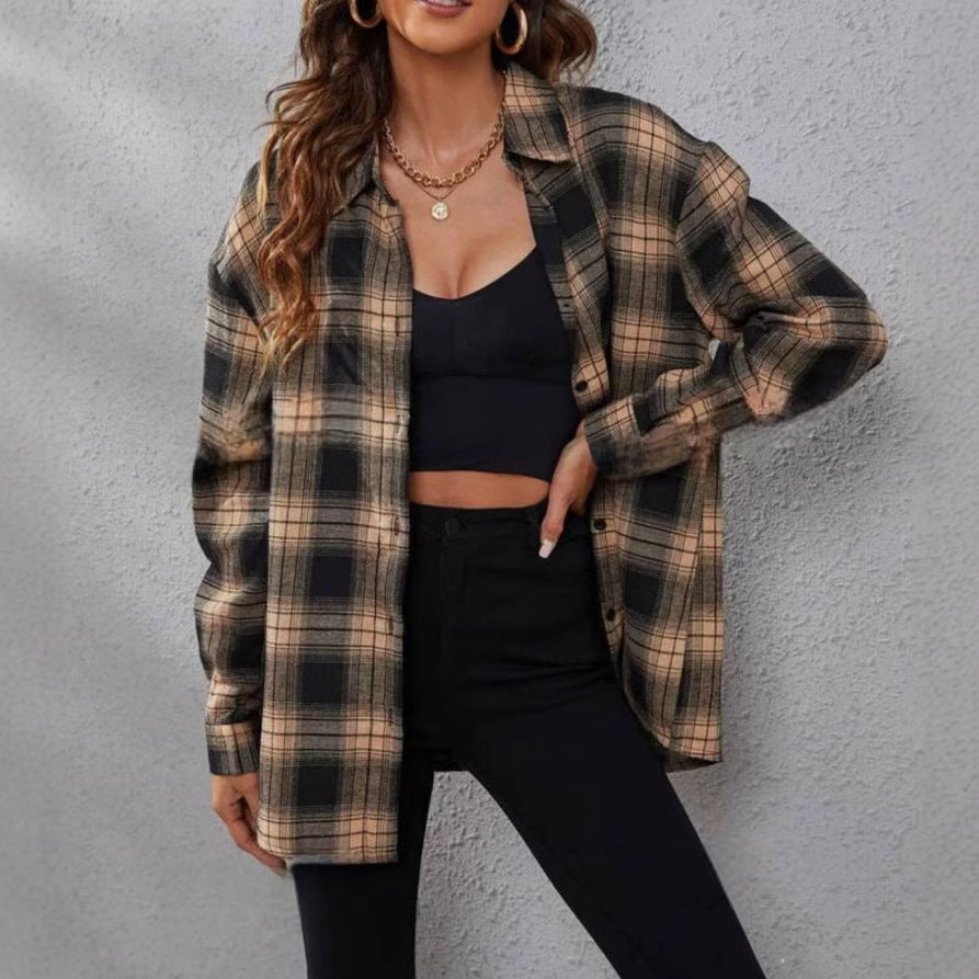 New foreign trade European and American women's shirt lapel single-breasted long-sleeved plaid shirt