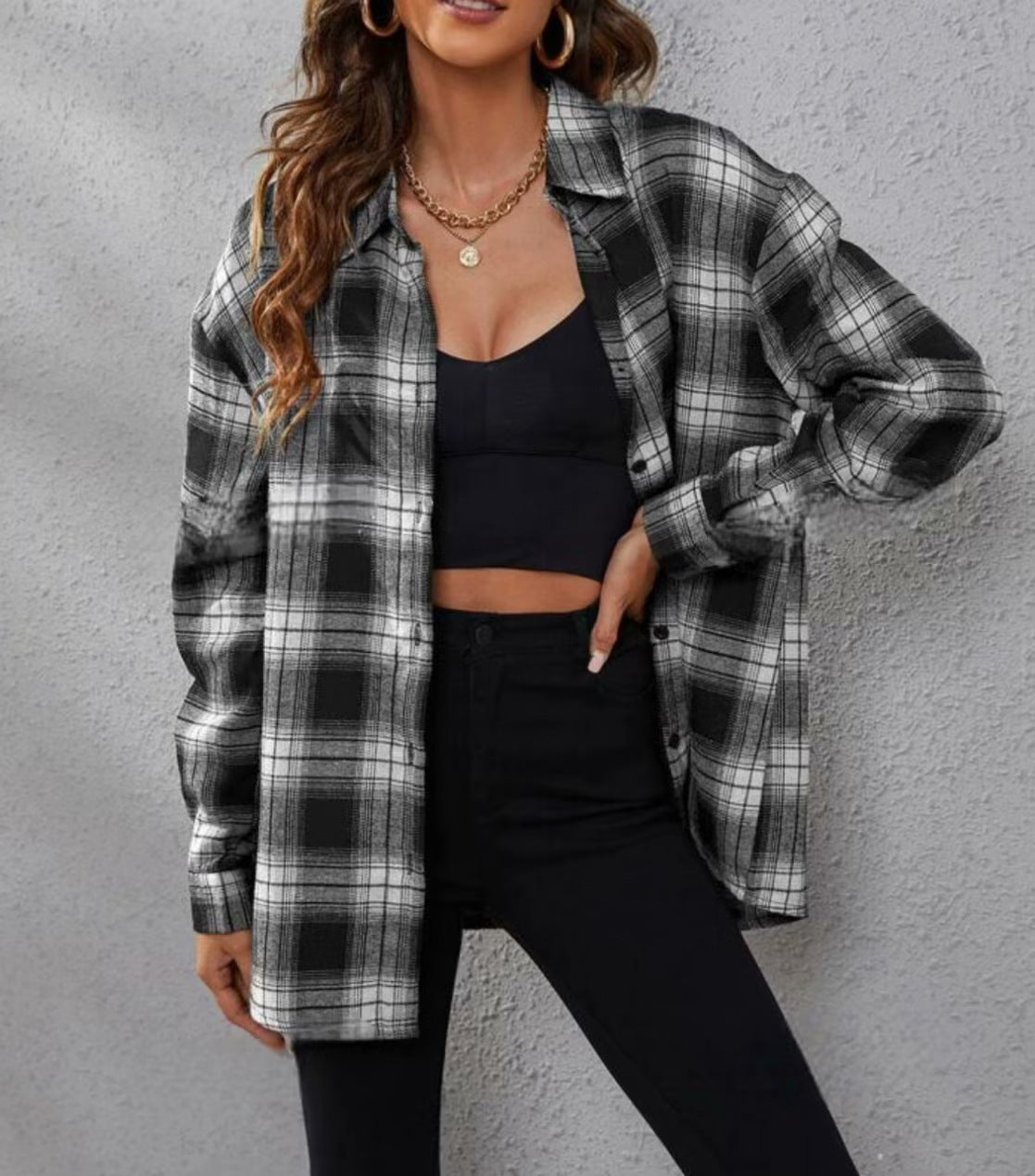 New foreign trade European and American women's shirt lapel single-breasted long-sleeved plaid shirt