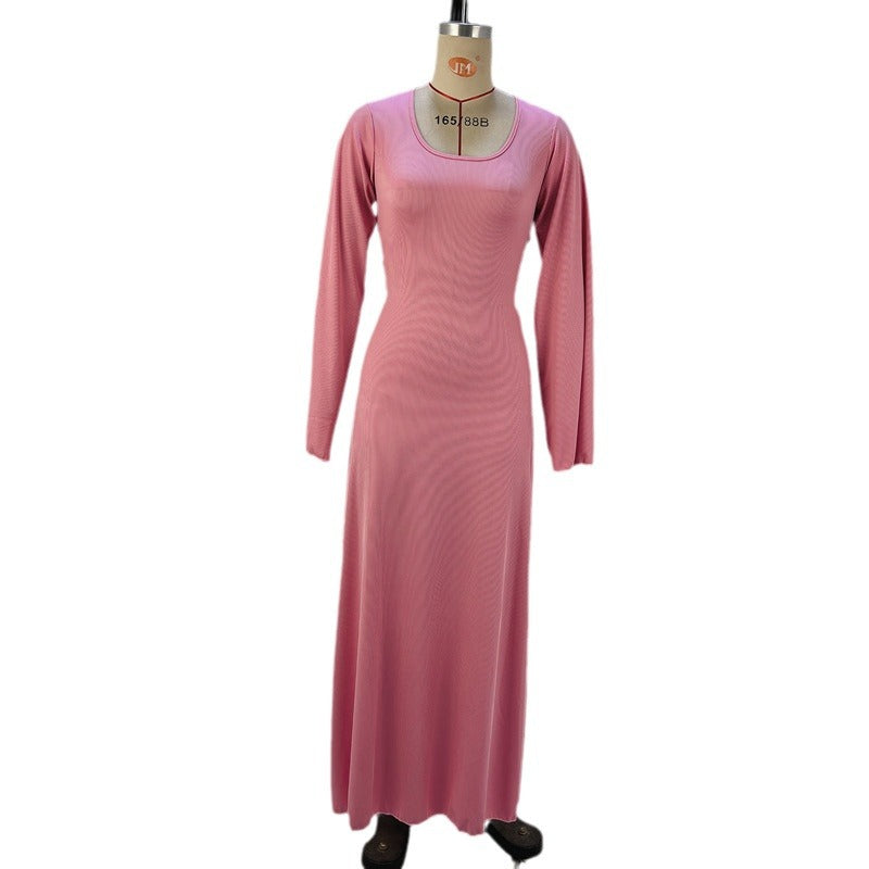 Women's autumn loose U-neck back lace-up long sleeve dress