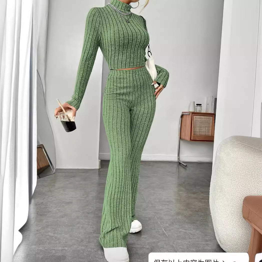 Autumn and Winter solid color knitted long sleeve turtlenecks wide leg high waist trousers suit