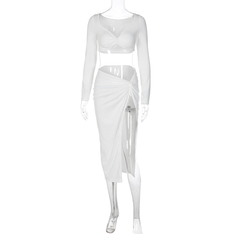V-neck women's new sexy tight high-waisted split skirt two-piece set