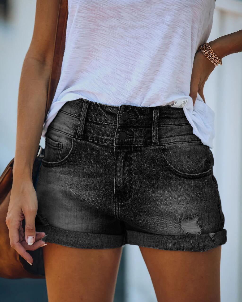 Trend Ripped Edge Elastic High Waist Denim Shorts Women's Hot Pants