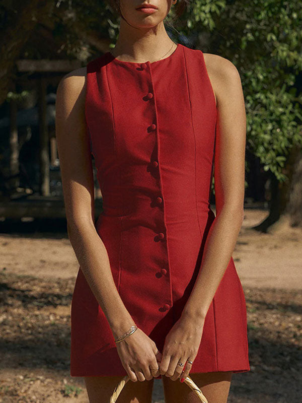Round Neck Sleeveless Button Down Mini Dress