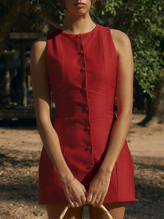 Round Neck Sleeveless Button Down Mini Dress