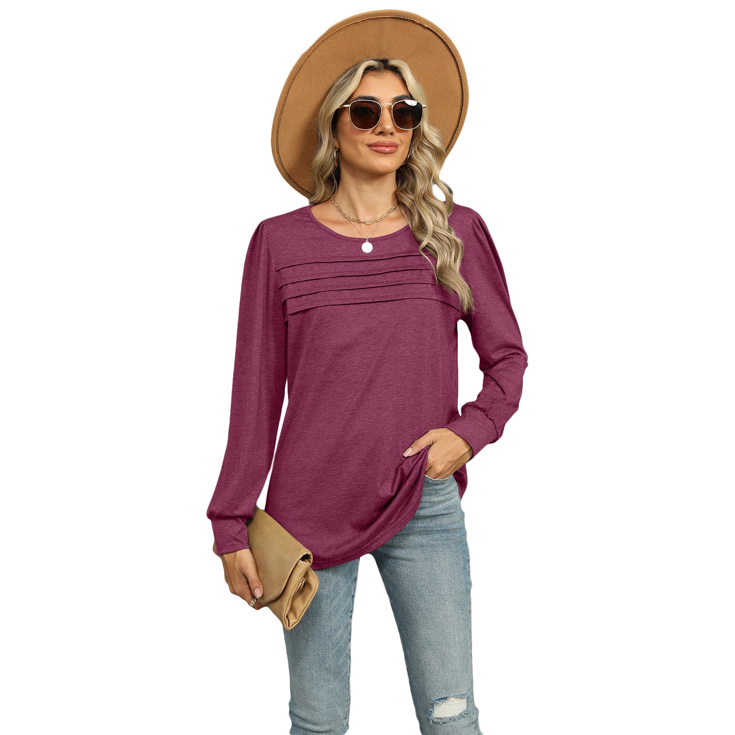 Women's autumn and winter solid color U-neck pleated long-sleeved T-shirt top