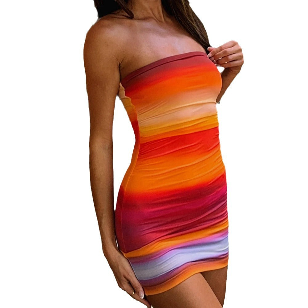 Rainbow printing sexy tube top pleated waist tight sheath dress club wear