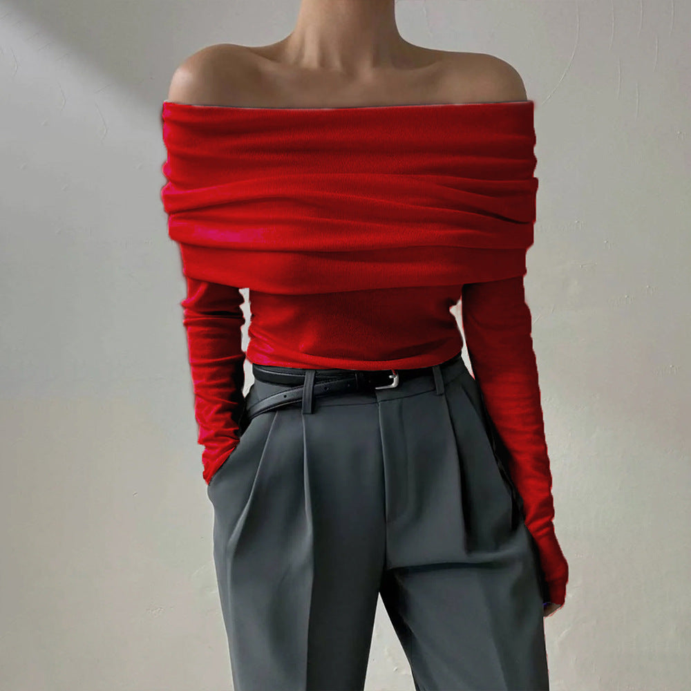 Off-shoulder shoulder-baring T-shirt Slim fit slimming knitted sweater women's pullover