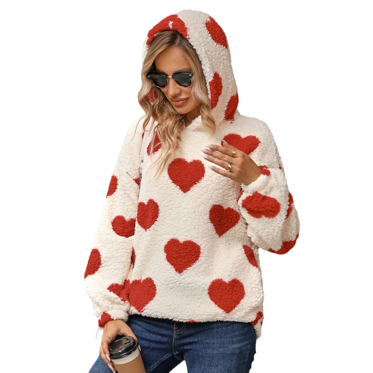 Autumn and Winter plush hooded love printed pullover sweatshirt women