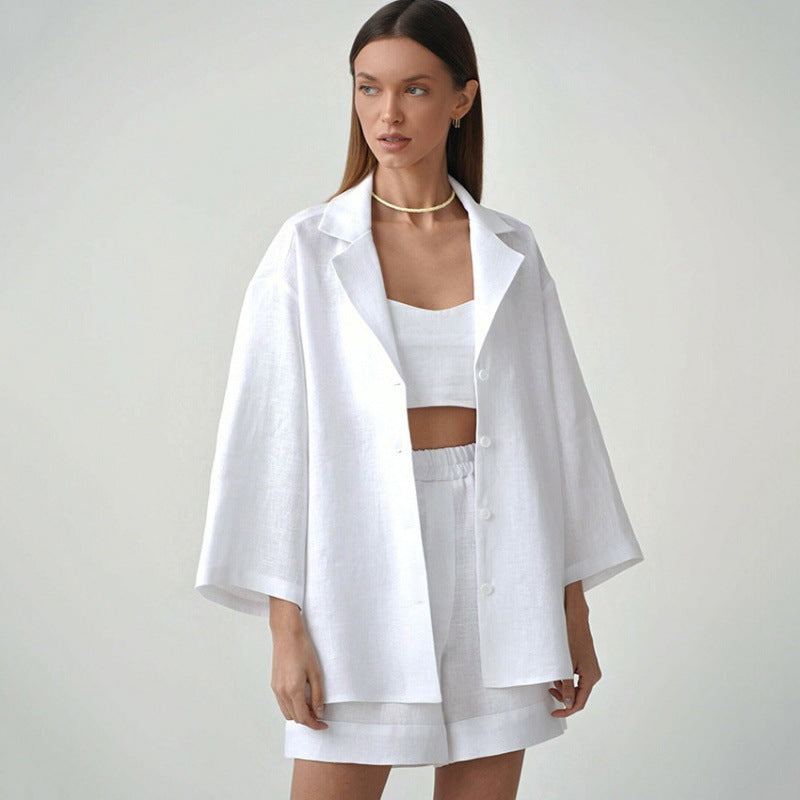 Cotton shorts suit women's lapel loose single-breasted Shirt high waist straight pants two-piece set