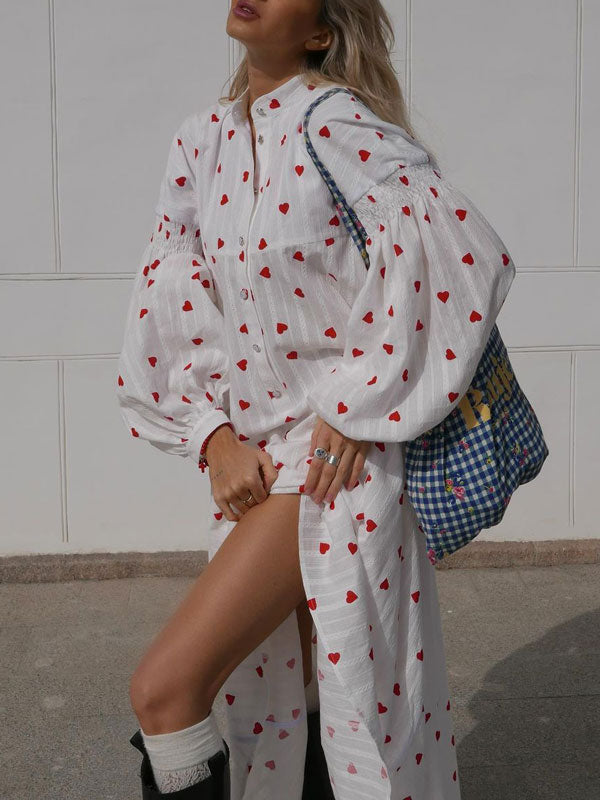Lantern Sleeve Heart Print Floral Maxi Dress