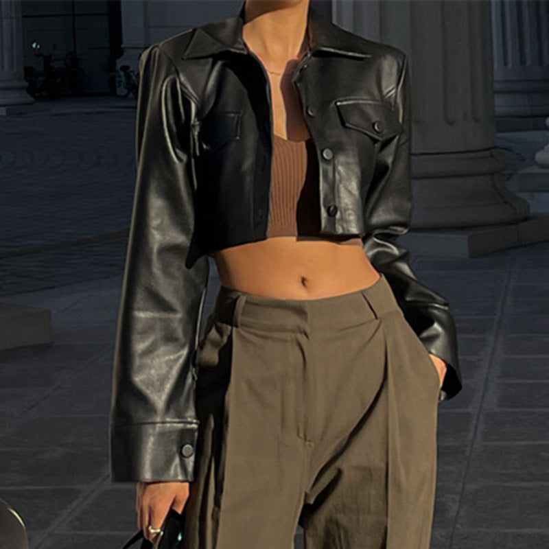 Autumn Winter sexy cropped hot girl motorcycle clothing women's leather top coat