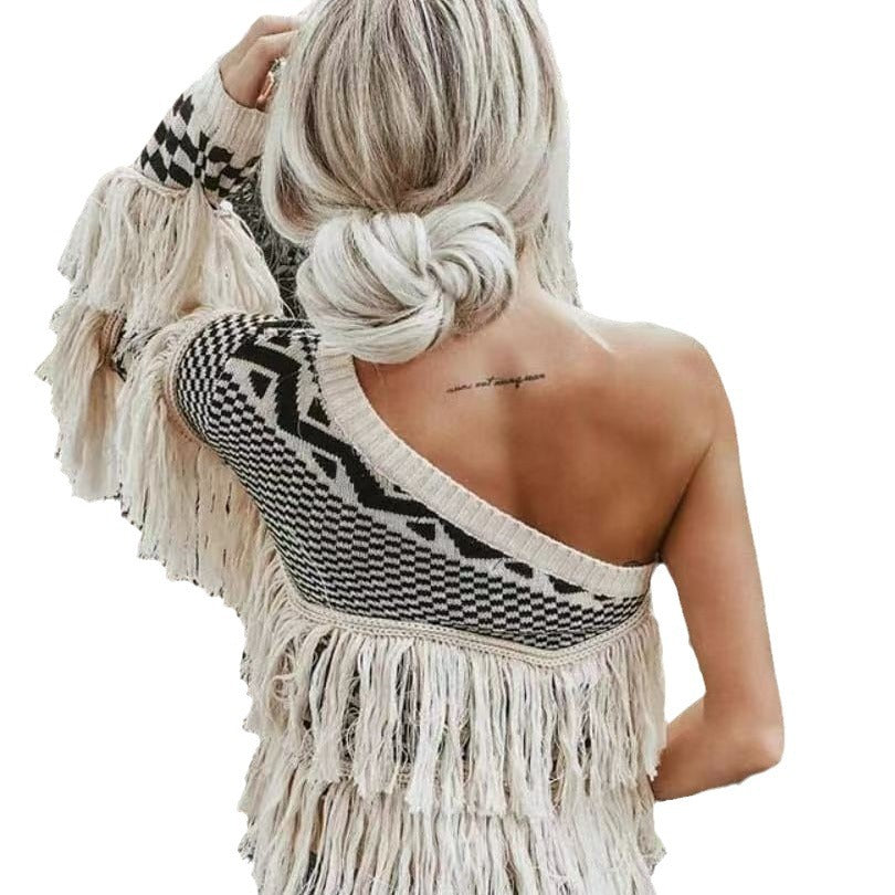 Women's sweater plaid one-shoulder cold-shoulder tassel sexy knitwear