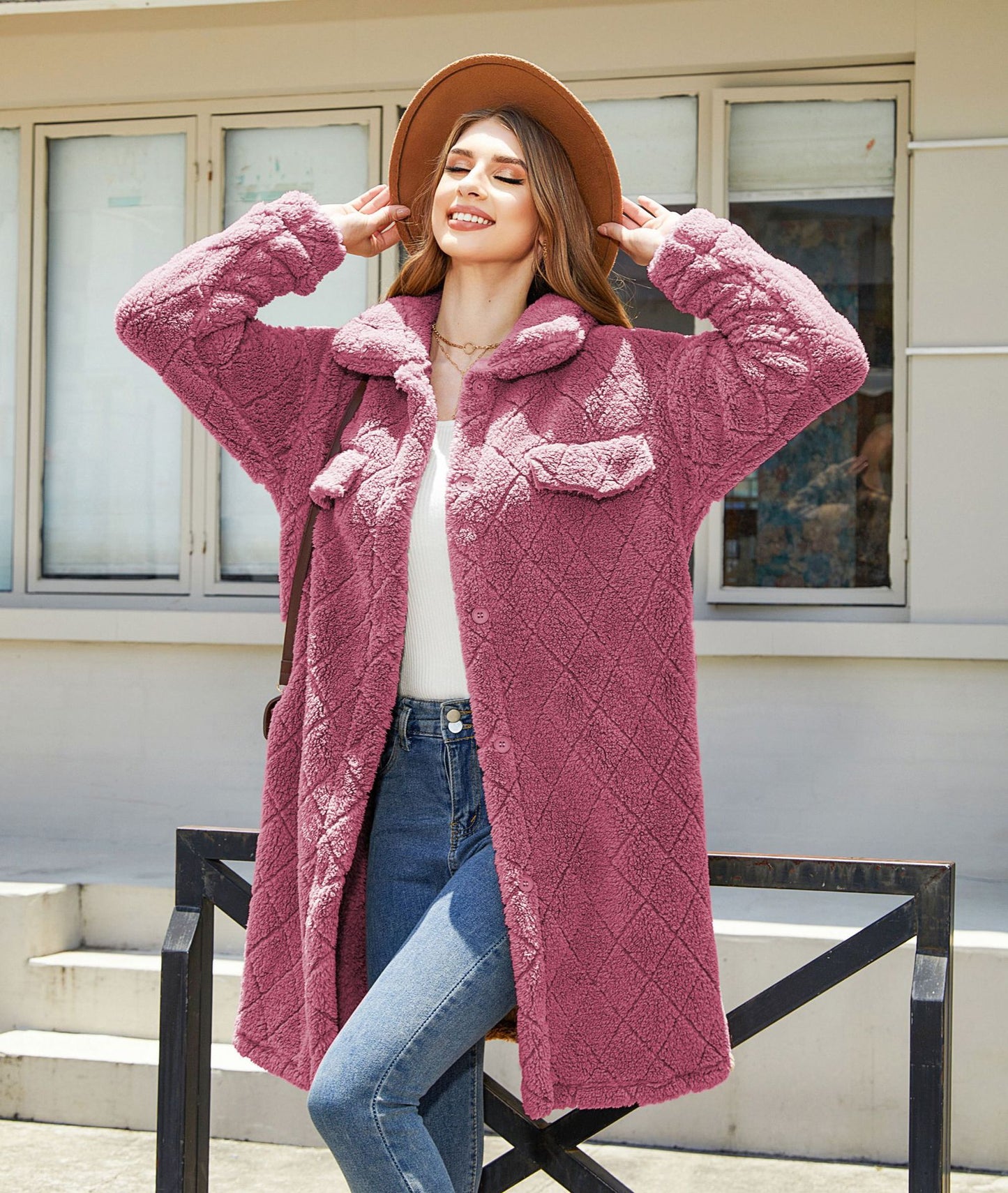 Autumn and winter women's plush loose single-breasted Diamond Coat Overcoat