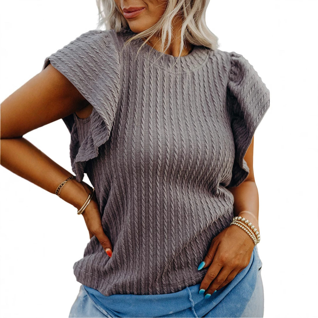 Spring and summer new loose round neck solid color textured knitted sweater women