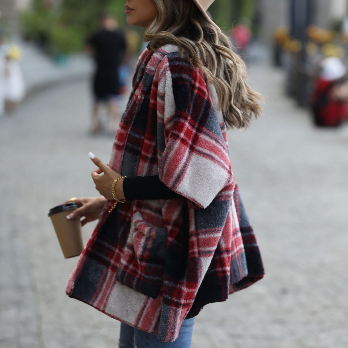 New casual plush women's hooded five-quarter sleeve loose plaid buckle-free coat