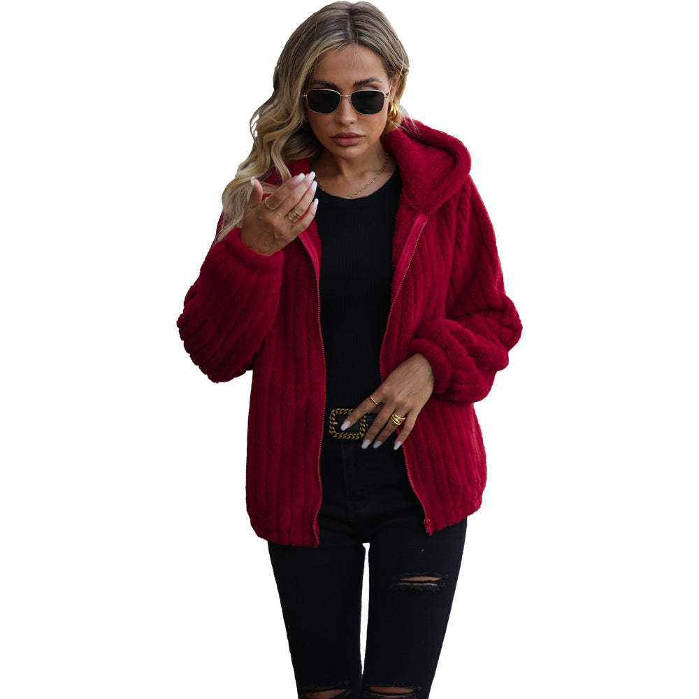 Autumn winter women's wear hooded long sleeve loose sunken stripe zipper double-sided velvet casual jacket