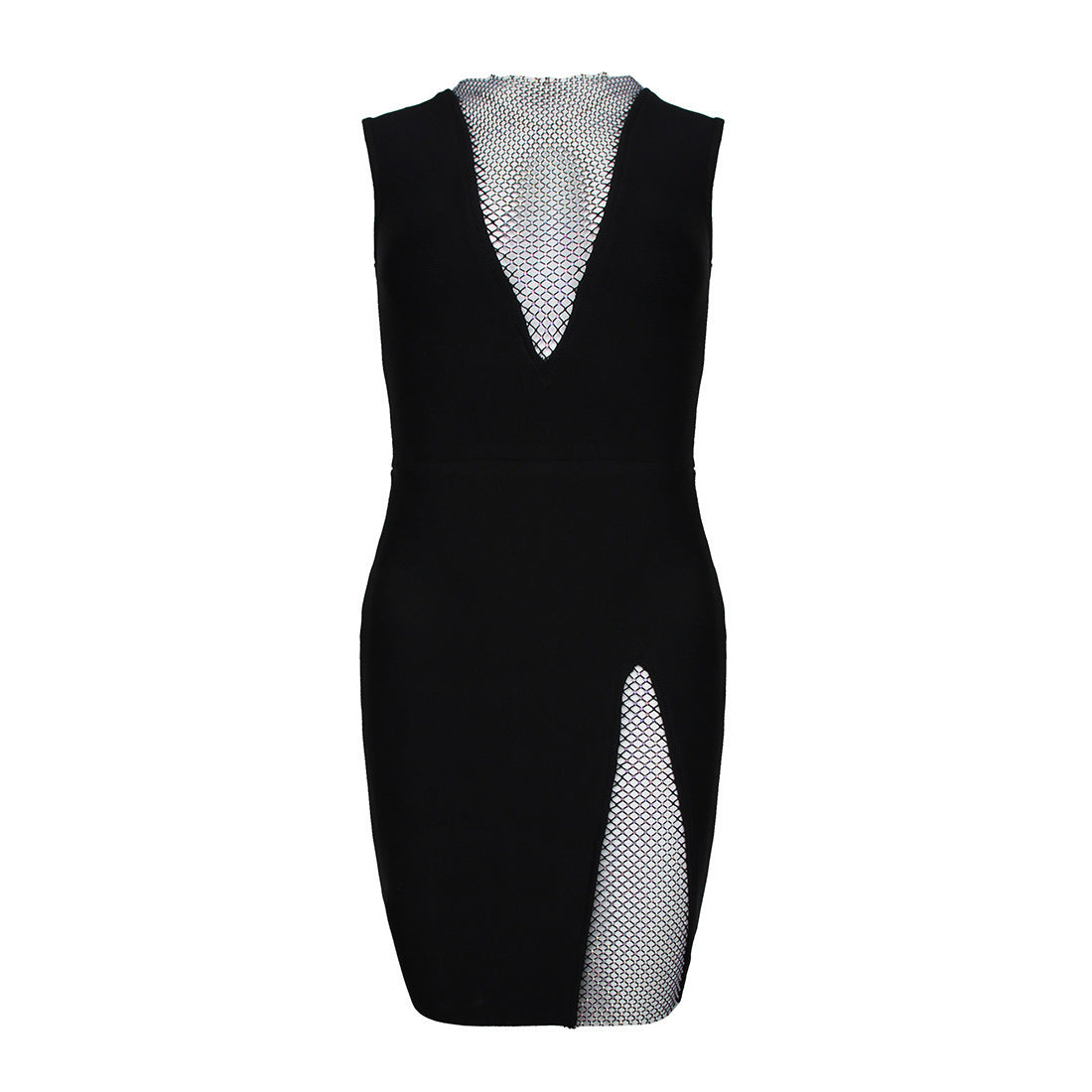 Net Drill V-Neck Sexy Sleeveless See-Through Slim Bandage Dress