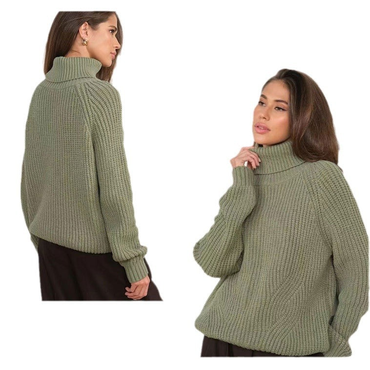 Women's turtleneck sweater knitted loose thickened autumn and winter solid color casual mid-length pullover top