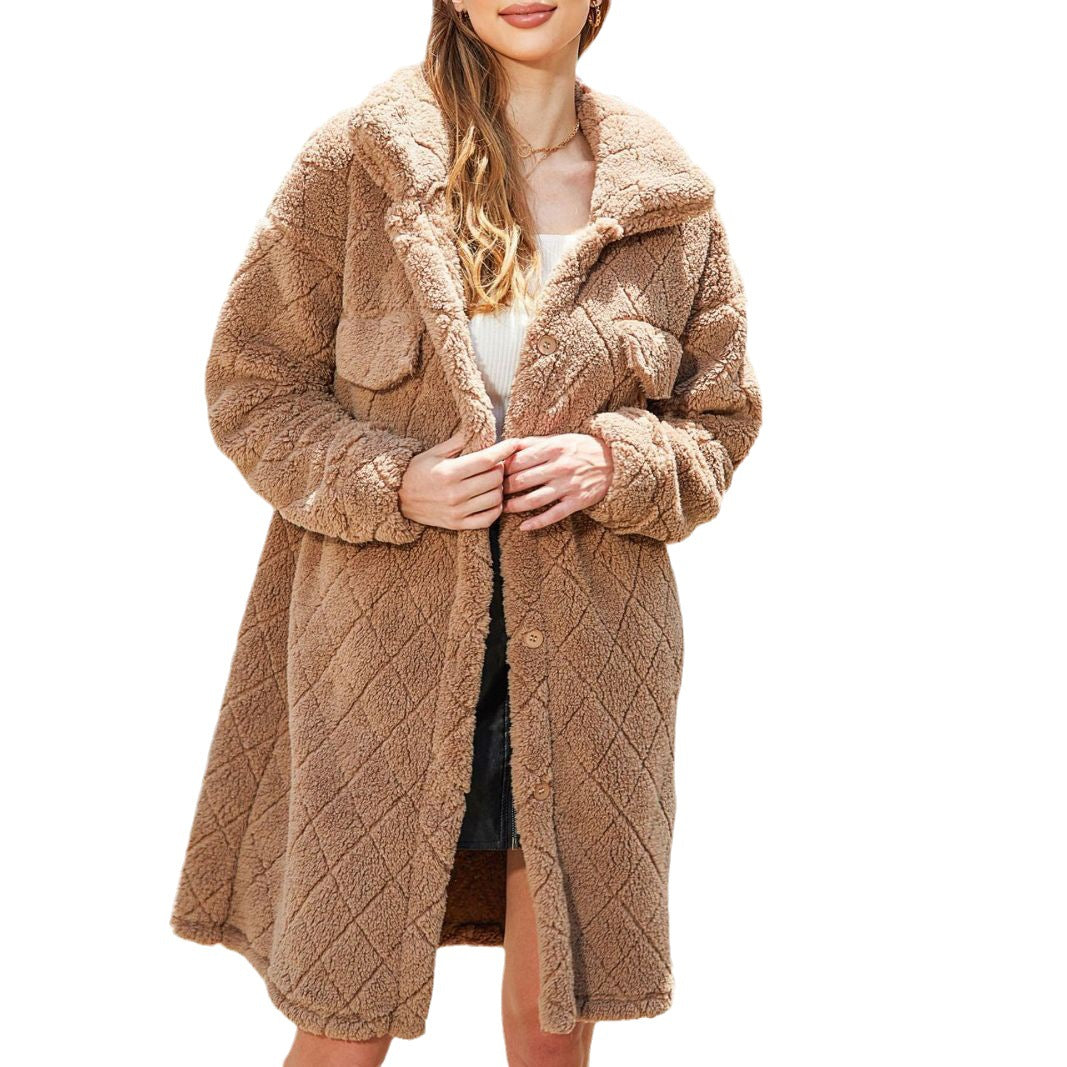 Autumn and winter women's plush loose single-breasted Diamond Coat Overcoat