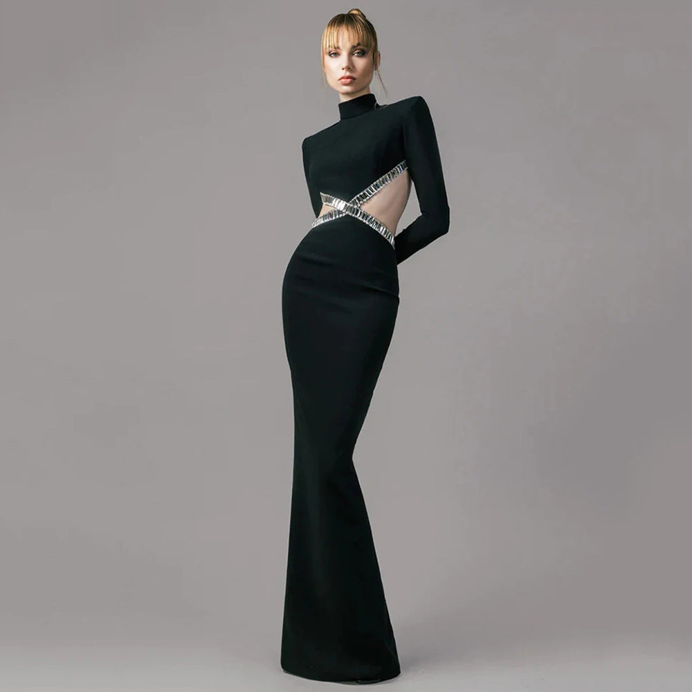 Black Bandage Dress Sexy Long Sleeve Hollow Diamond Slim